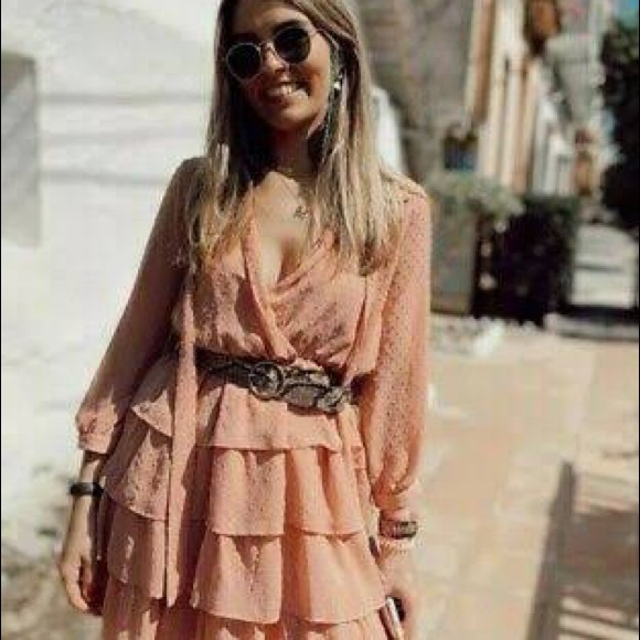 Zara Belted Dotted Mesh Tiered Dress Peach Pink S - Picture 8 of 15